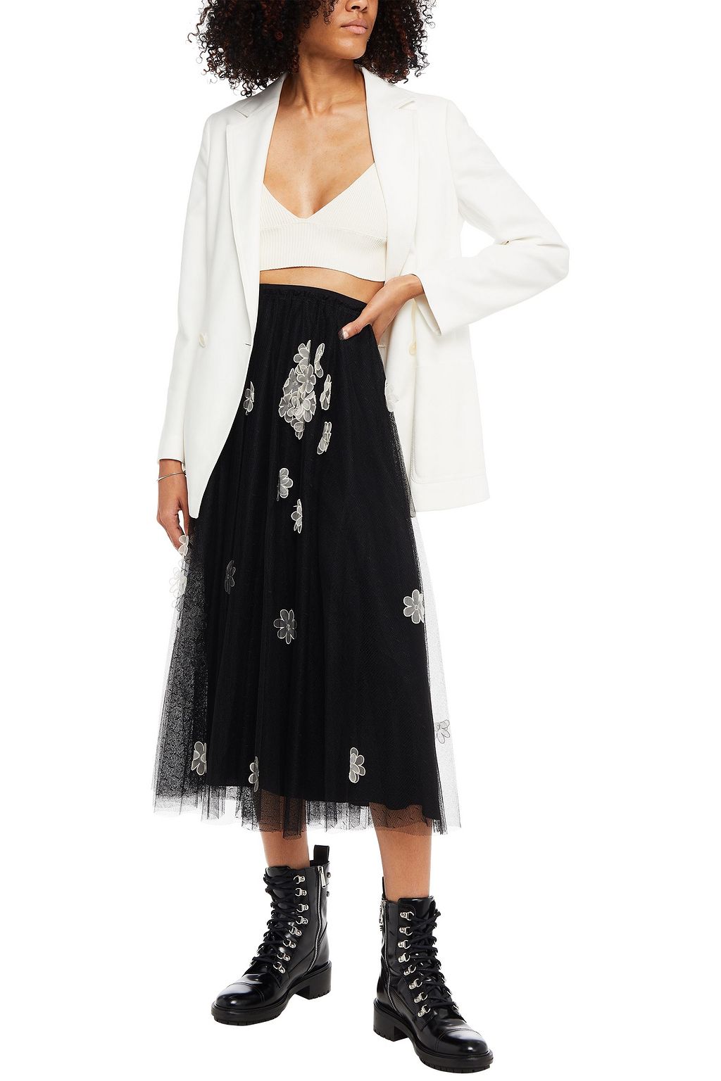 REDVALENTINO Floral-appliquéd point d'esprit midi skirt
