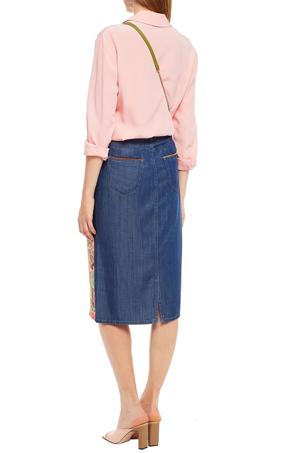 ETRO Printed silk twill-paneled chambray skirt