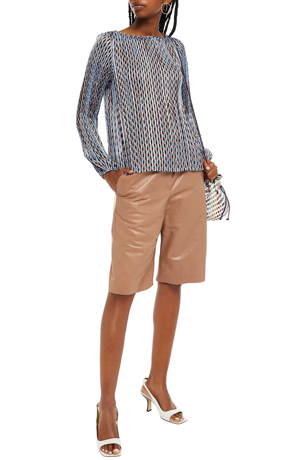 MAJE Pleated metallic printed satin-jacquard blouse