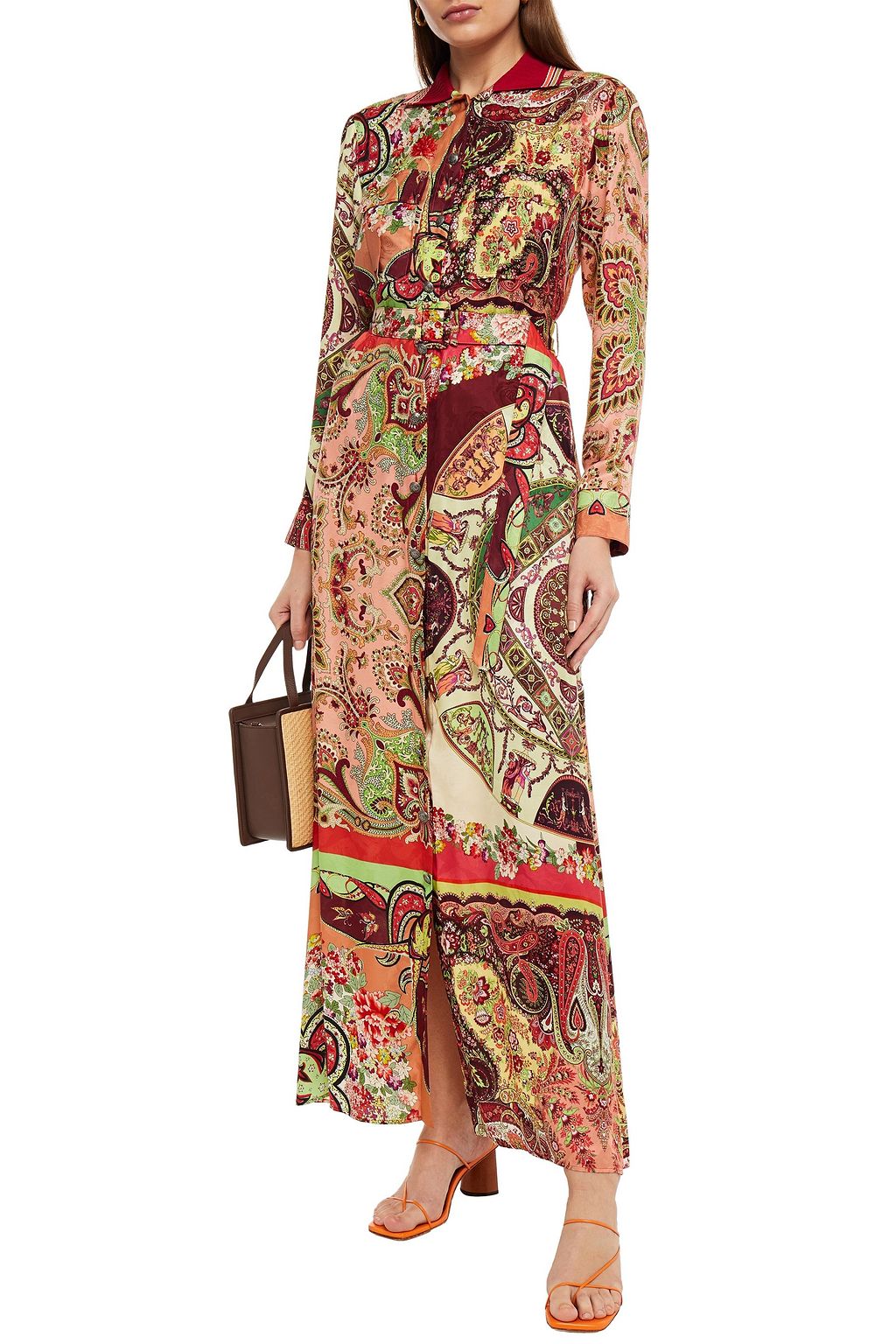 ETRO Belted printed satin-jacquard maxi shirt dress