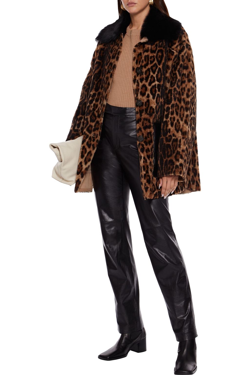 YVES SALOMON Leather-paneled leopard-print shearling coat