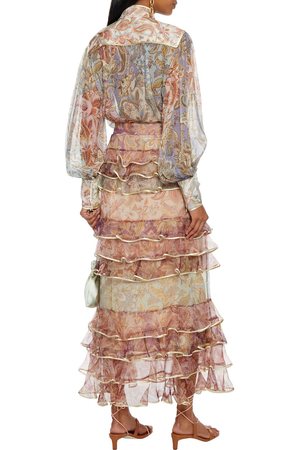 ZIMMERMANN Tiered satin-trimmed printed silk-organza maxi skirt