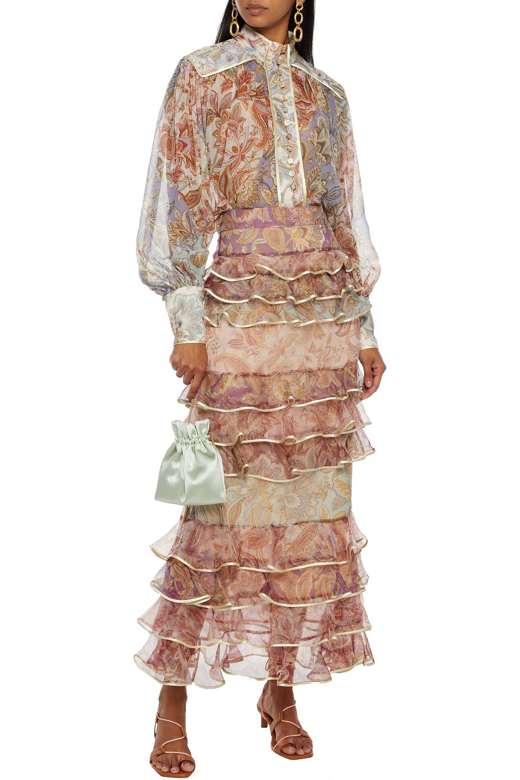 ZIMMERMANN Tiered satin-trimmed printed silk-organza maxi skirt