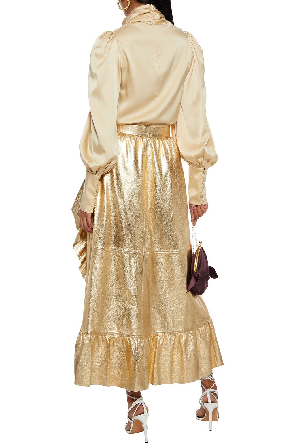 ZIMMERMANN Ladybeetle ruffled metallic textured-leather midi wrap skirt