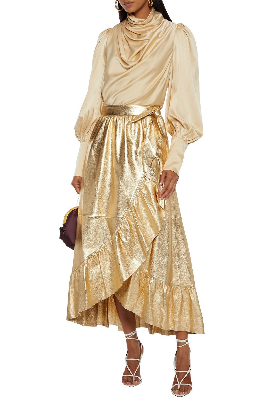 ZIMMERMANN Ladybeetle ruffled metallic textured-leather midi wrap skirt