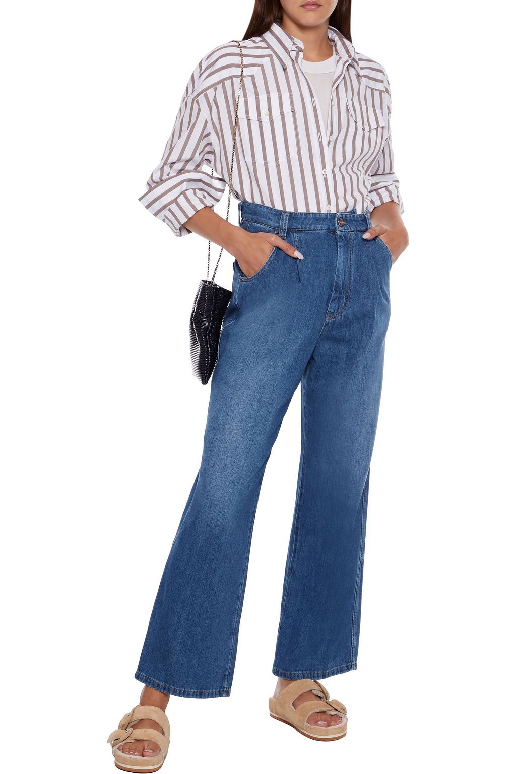 BRUNELLO CUCINELLI Bead-embellished striped cotton-poplin shirt