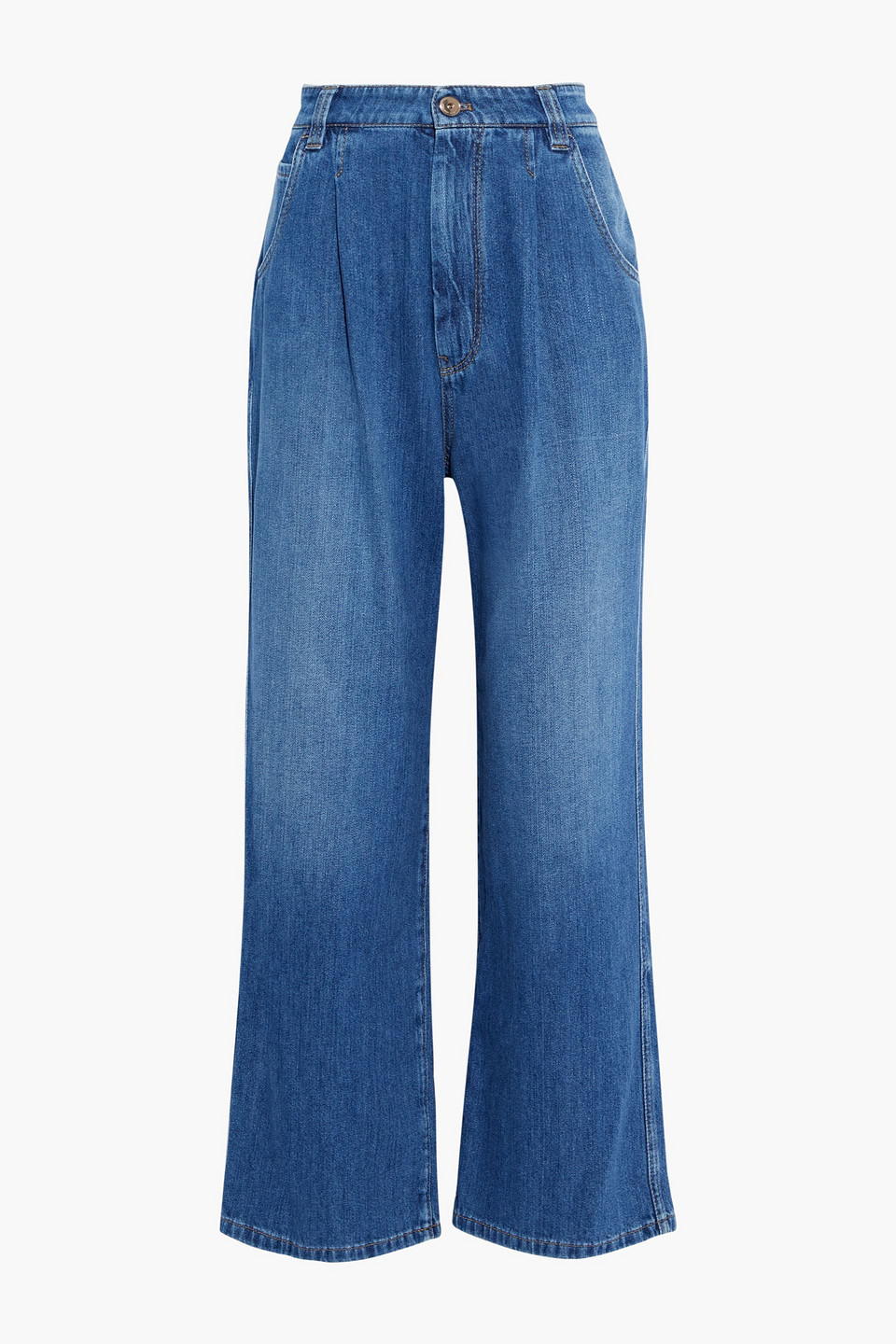 Brunello Cucinelli Woman Bead-embellished Pleated High-rise Wide-leg Jeans Blue