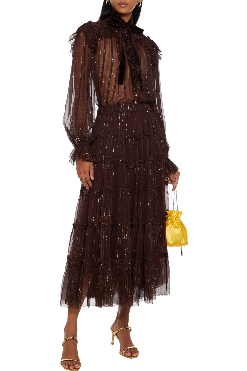 ZIMMERMANN Ladybeetle tiered metallic silk-blend crepon midi skirt