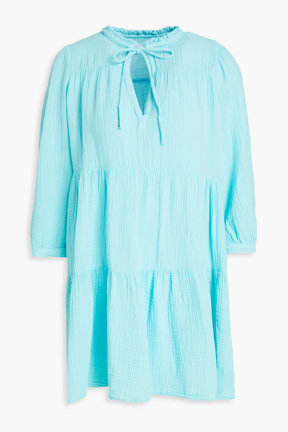 Honorine Giselle Tiered Crinkled Cotton-gauze Mini Dress In Turquoise