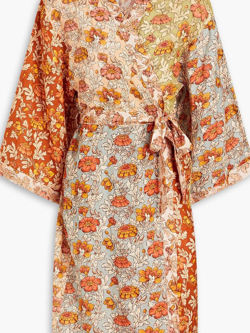 floral-print linen wrap dress