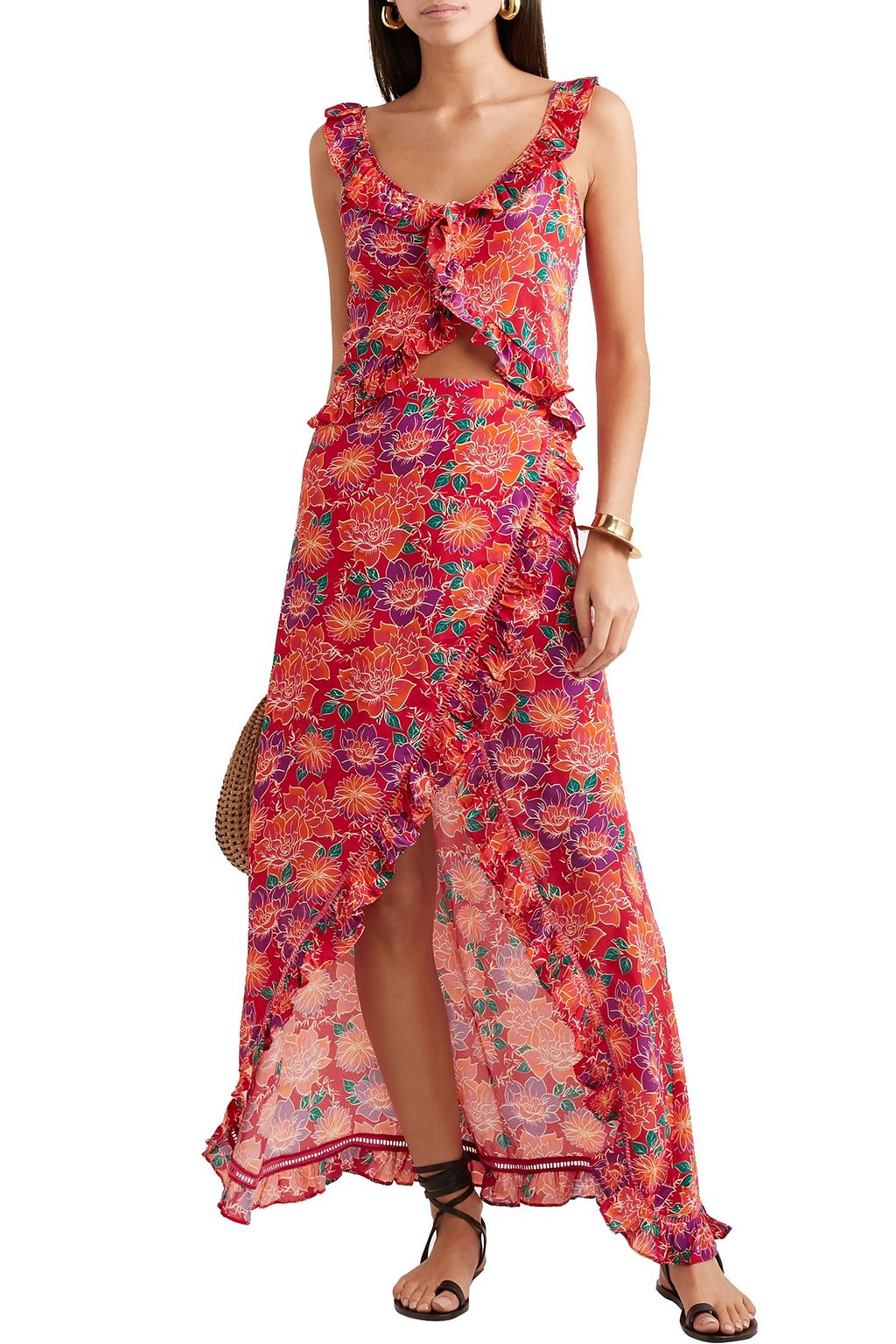 PALOMA BLUE Alito cropped floral-print crepe de chine top