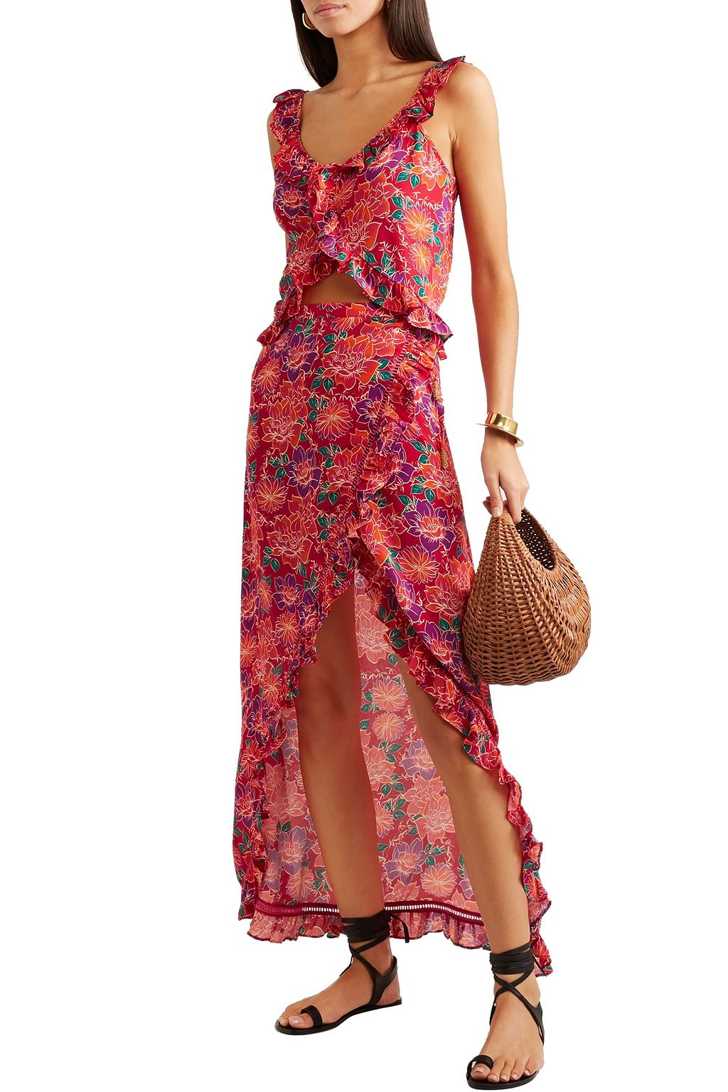 PALOMA BLUE Stevie ruffled floral-print crepe de chine midi wrap skirt