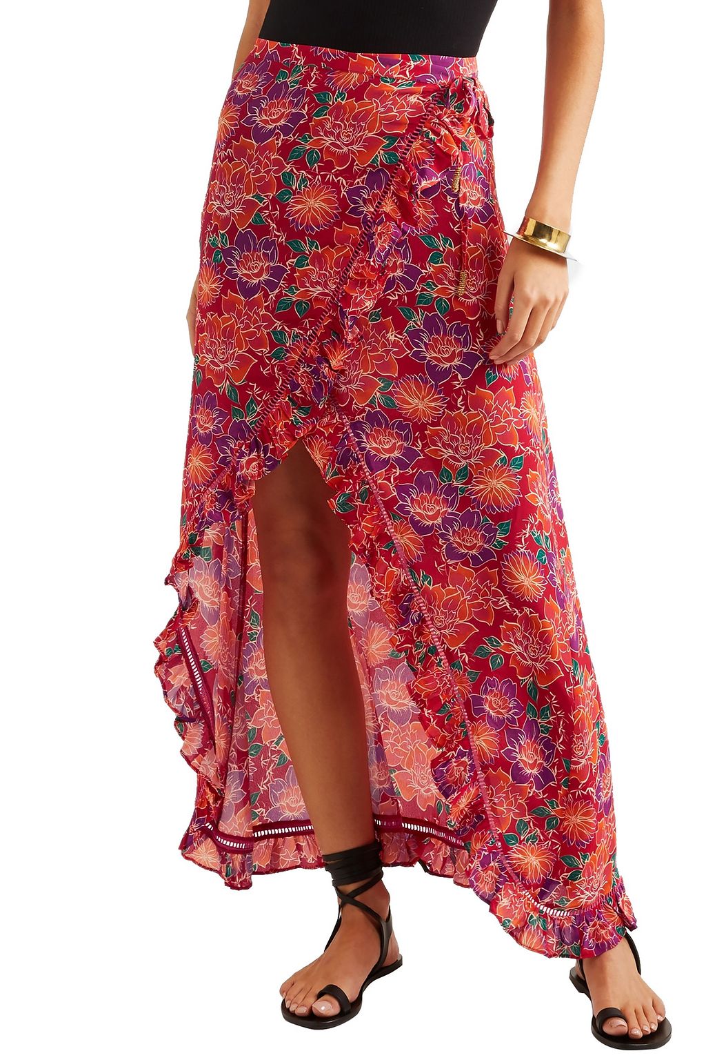 PALOMA BLUE Stevie ruffled floral-print crepe de chine midi wrap skirt