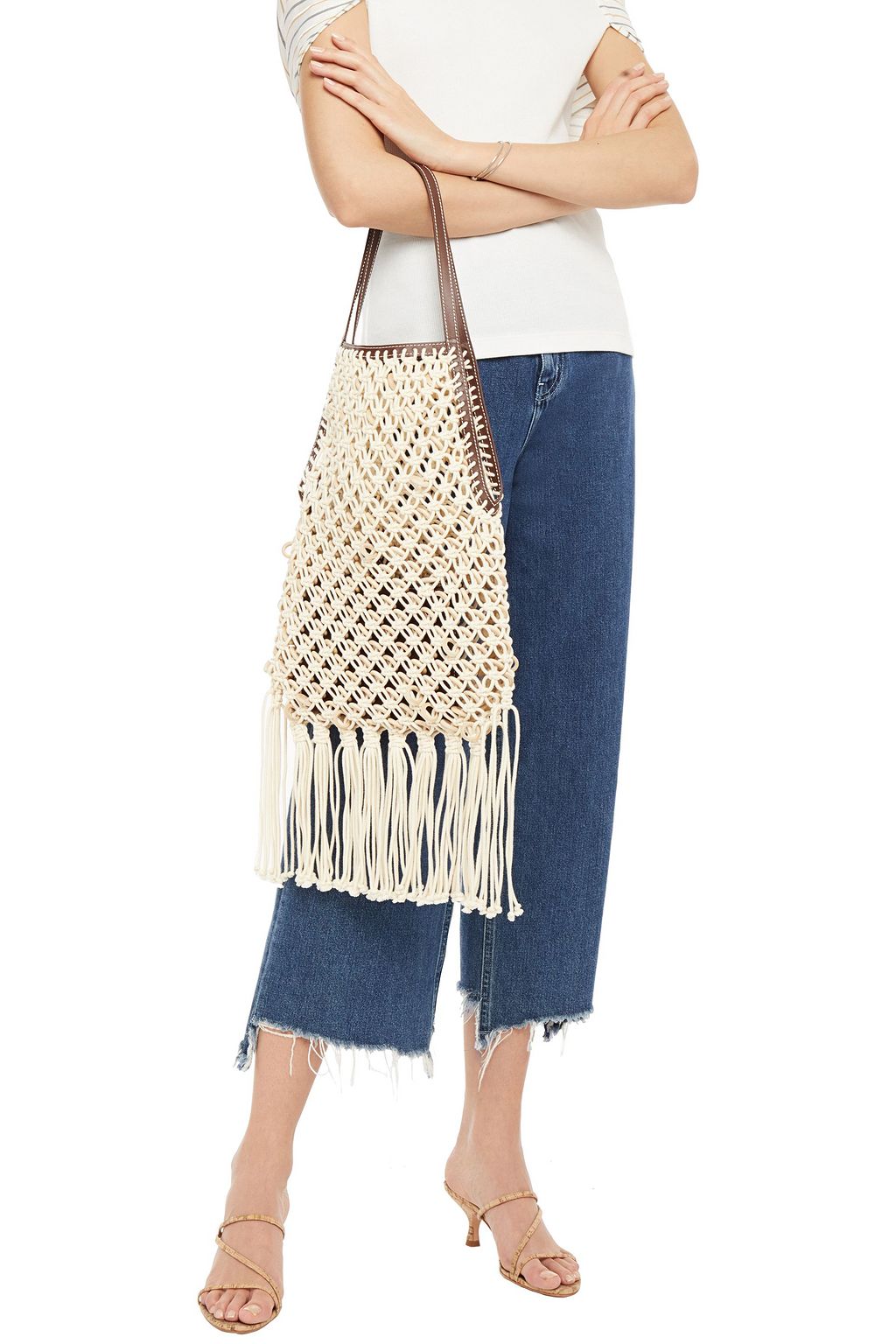 JW ANDERSON Leather-trimmed fringed cotton macramé tote