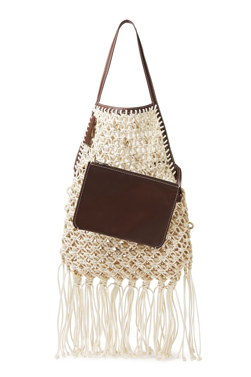 JW ANDERSON Leather-trimmed fringed cotton macramé tote