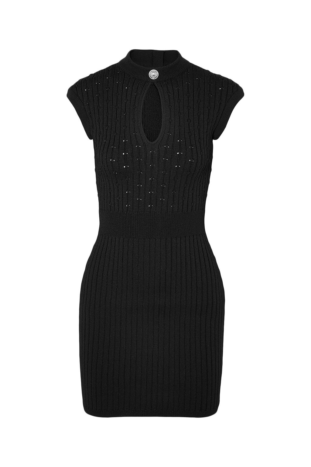 Black Cutout ribbed and pointelle-knit mini dress | Sale up 70% off | THE OUTNET | BALMAIN | THE OUTNET