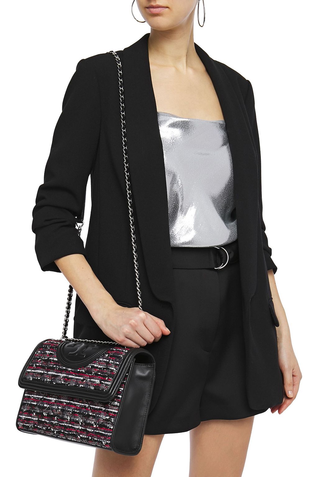 TORY BURCH Leathertrimmed quilted bouclétweed shoulder bag THE