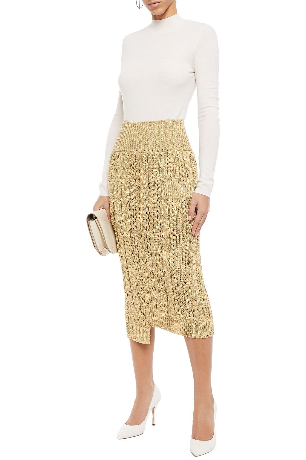 VICTORIA BECKHAM Asymmetric metallic cable-knit midi pencil skirt