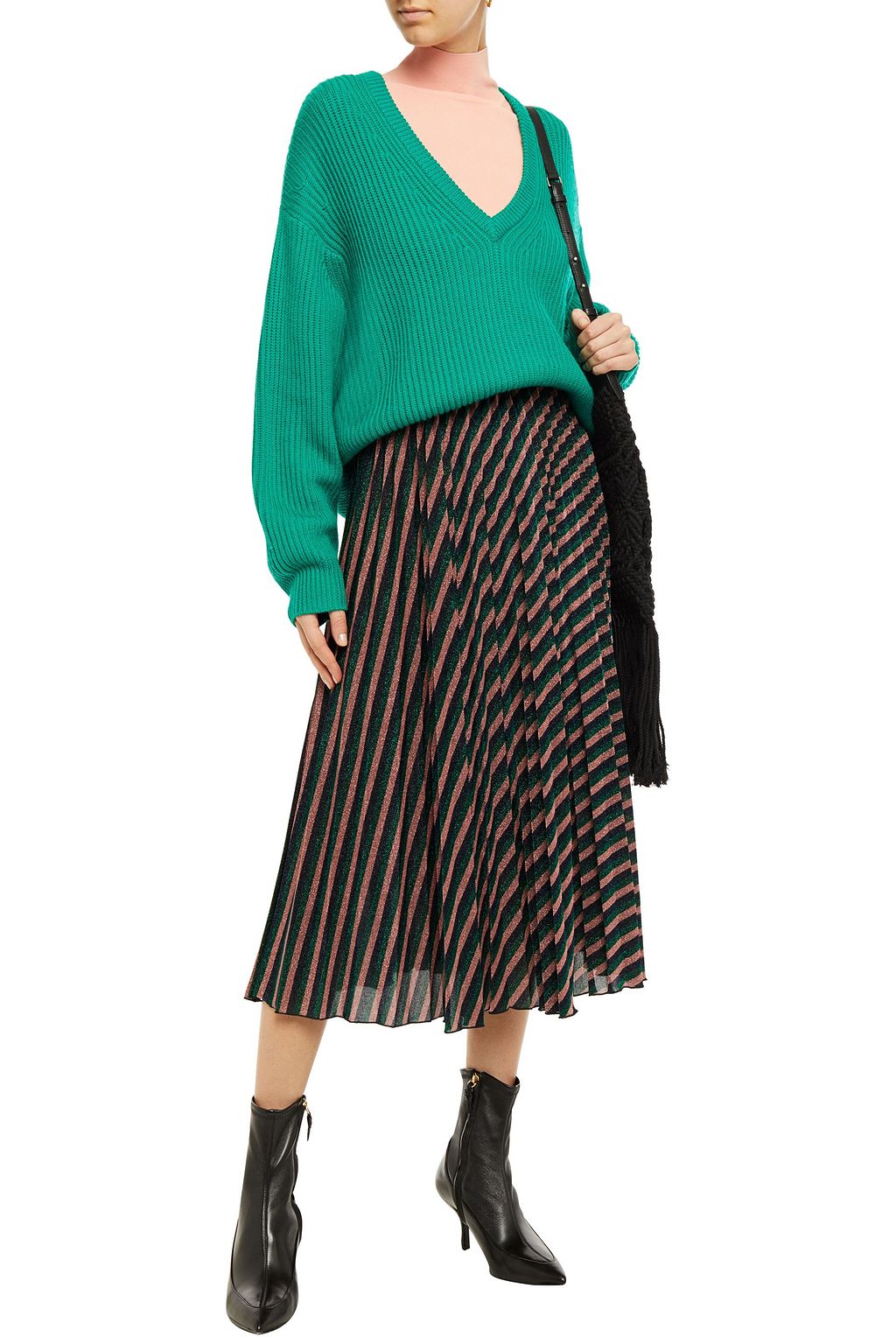 M MISSONI Pleated striped metallic crochet-knit midi skirt