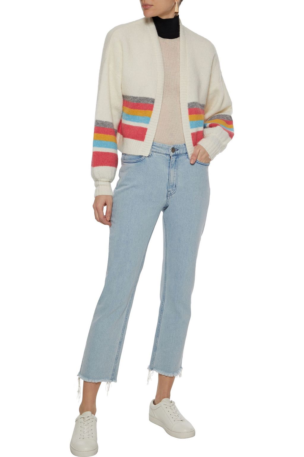 CHARLI Cropped striped brushed-knitted cardigan
