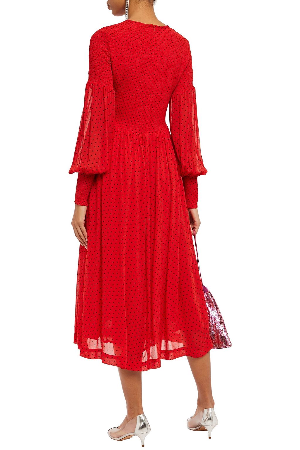 GANNI Shirred polka-dot georgette midi dress