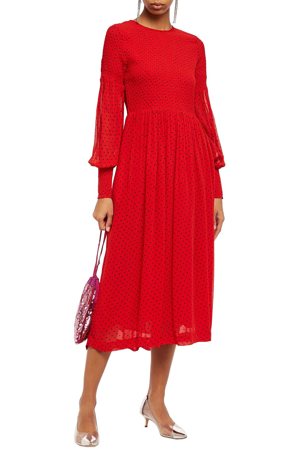 GANNI Shirred polka-dot georgette midi dress