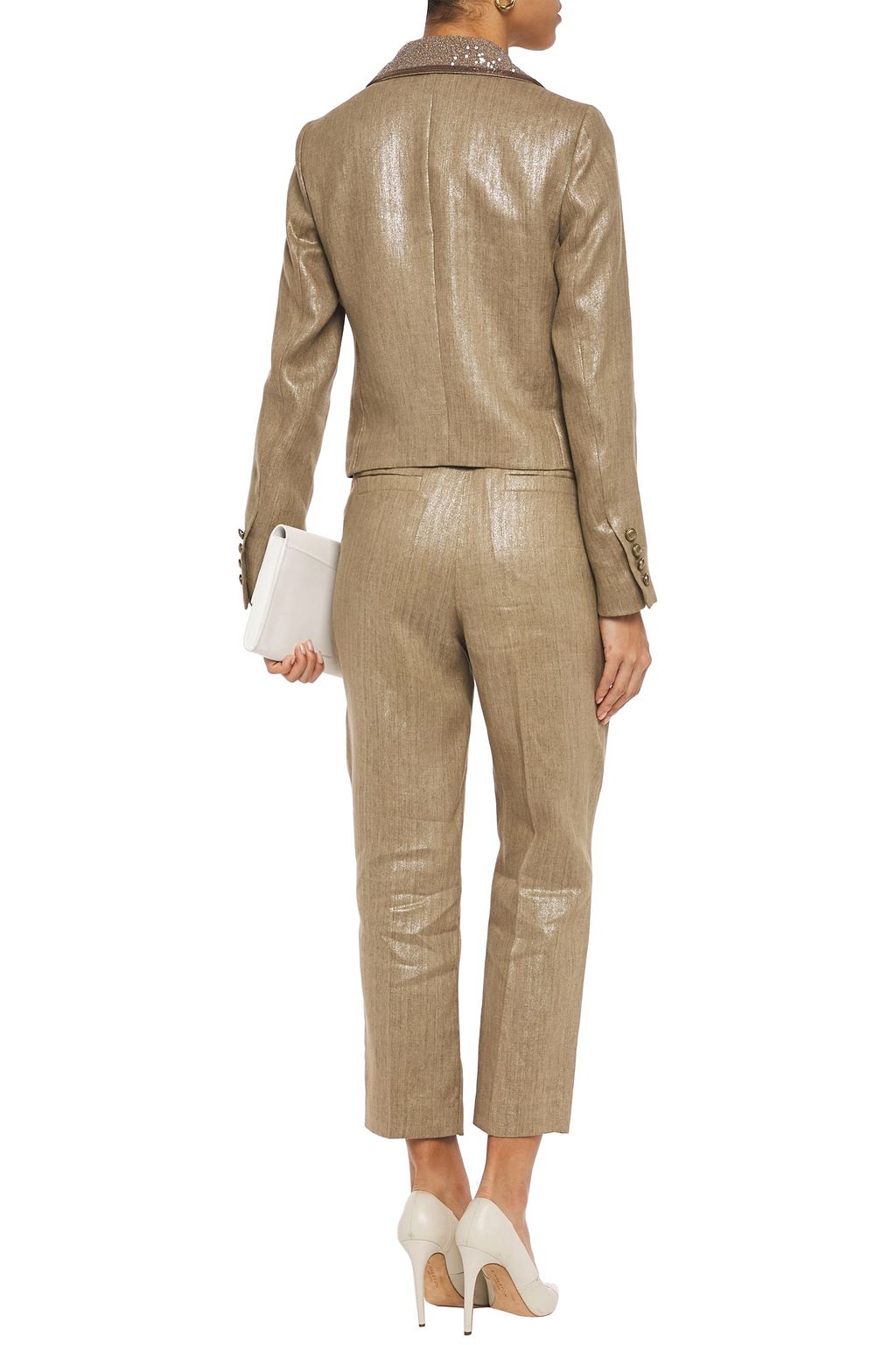 BRUNELLO CUCINELLI Double-breasted embellished coated-linen blazer