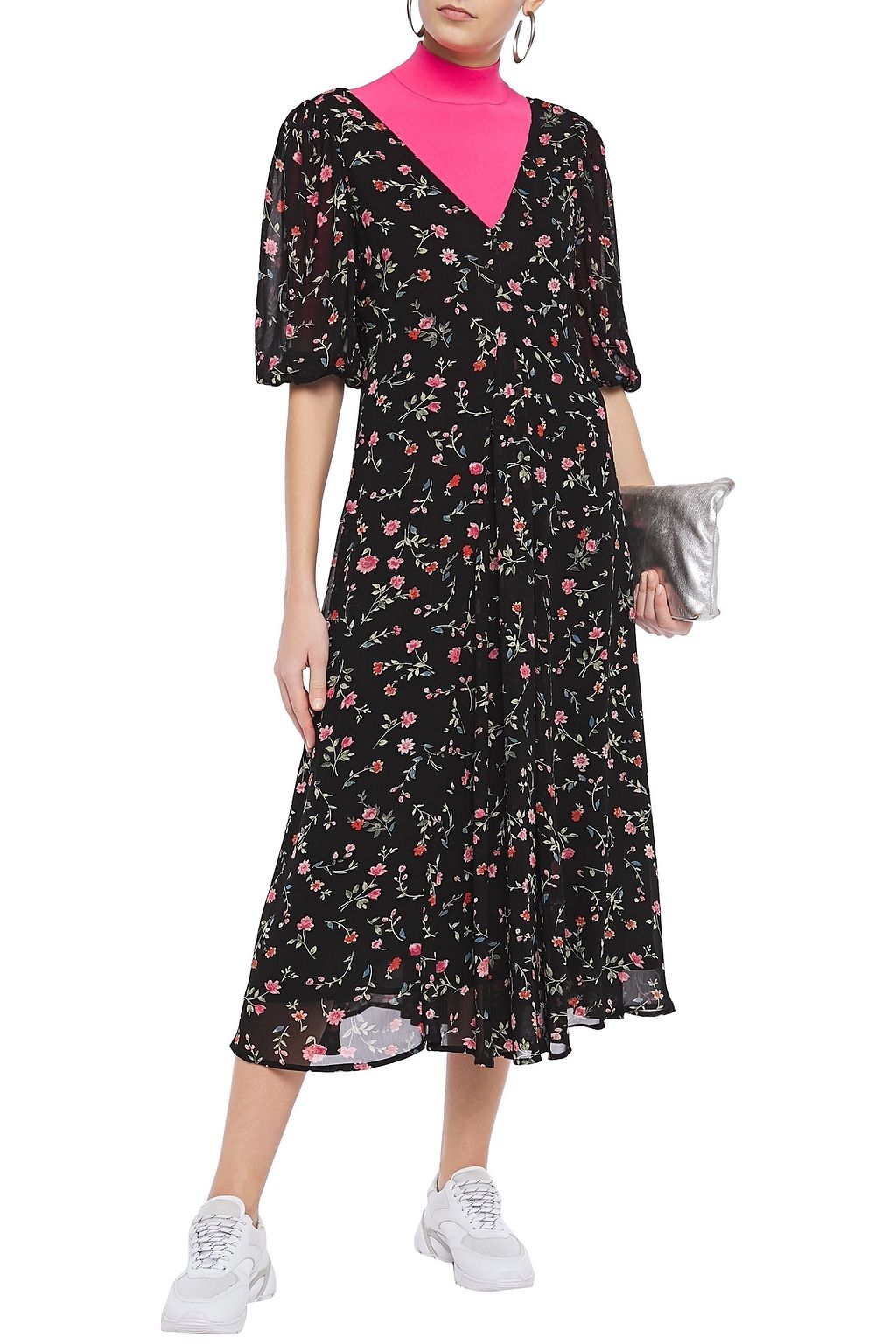 Black Floral-print crepe midi dress ...