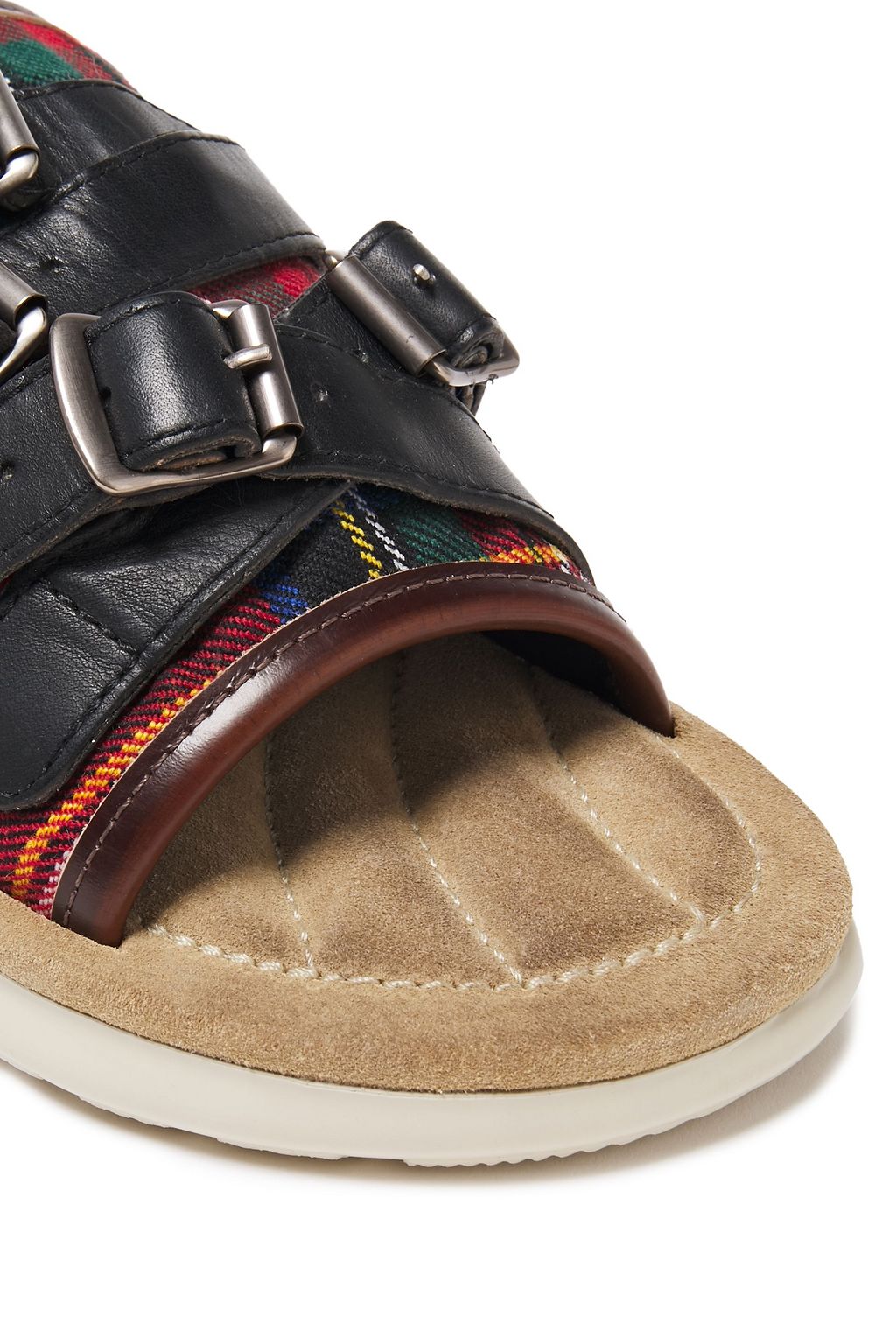 MARC JACOBS Leather-trimmed buckle-embellished checked twill slides