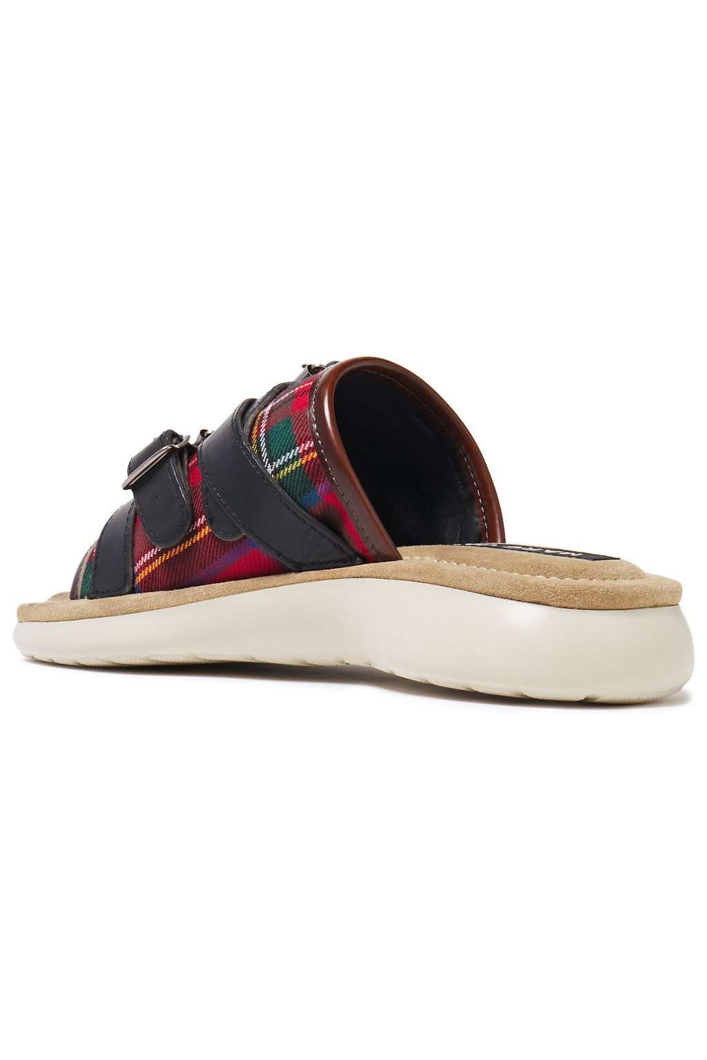MARC JACOBS Leather-trimmed buckle-embellished checked twill slides