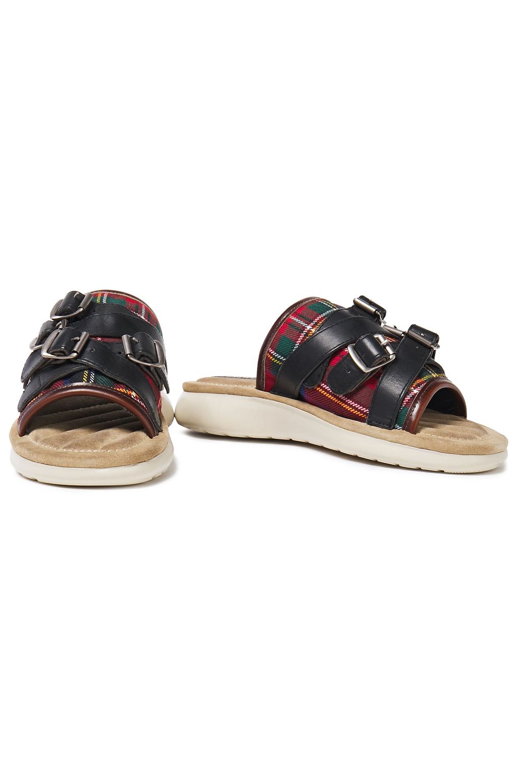MARC JACOBS Leather-trimmed buckle-embellished checked twill slides