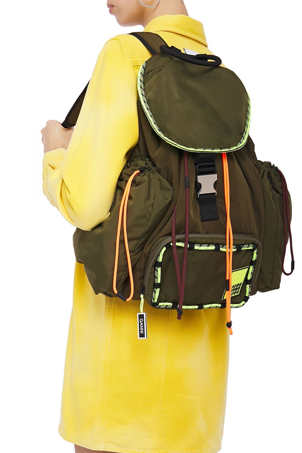 GANNI Neon-trimmed logo-print shell backpack