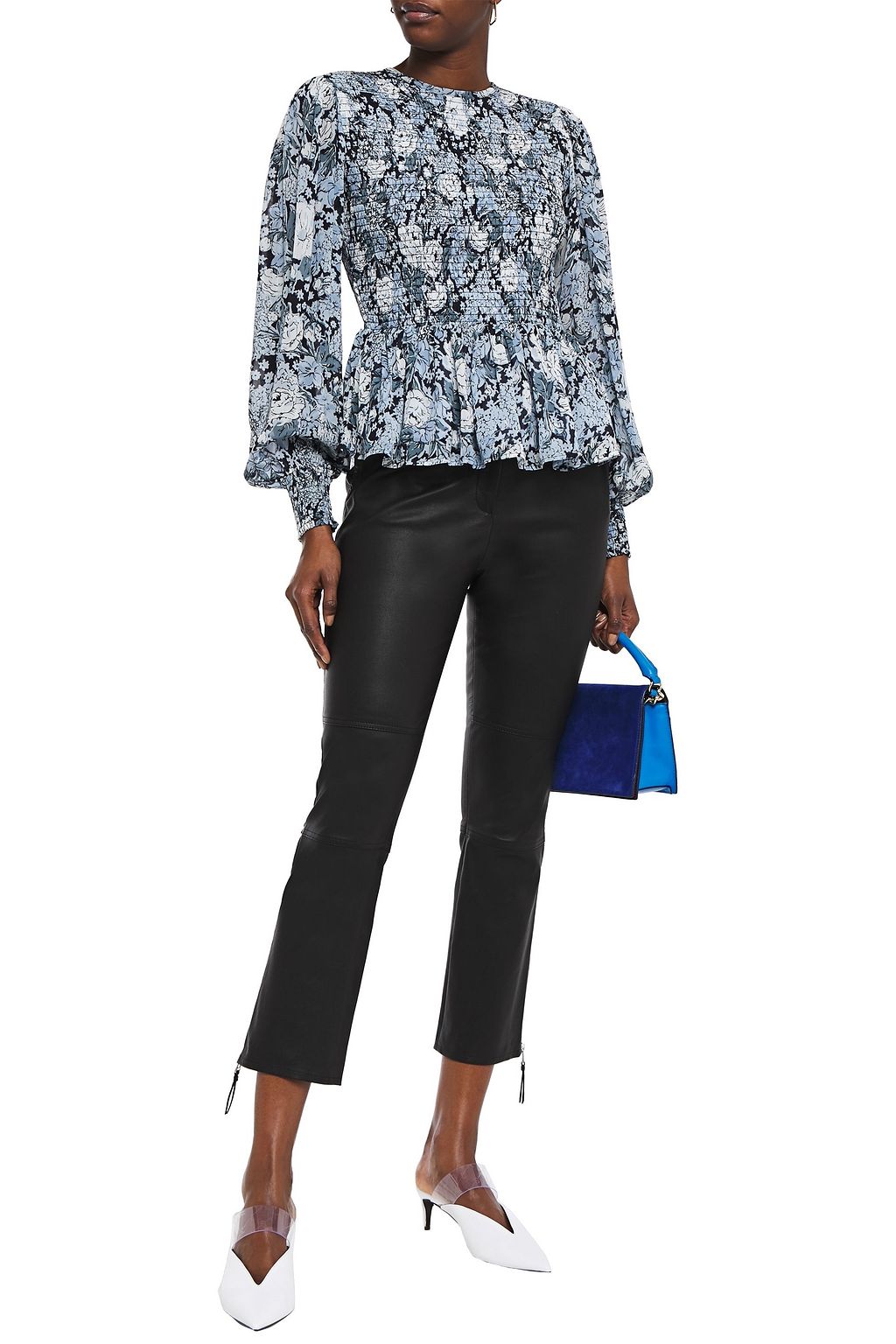 GANNI Shirred polka-dot chiffon peplum blouse