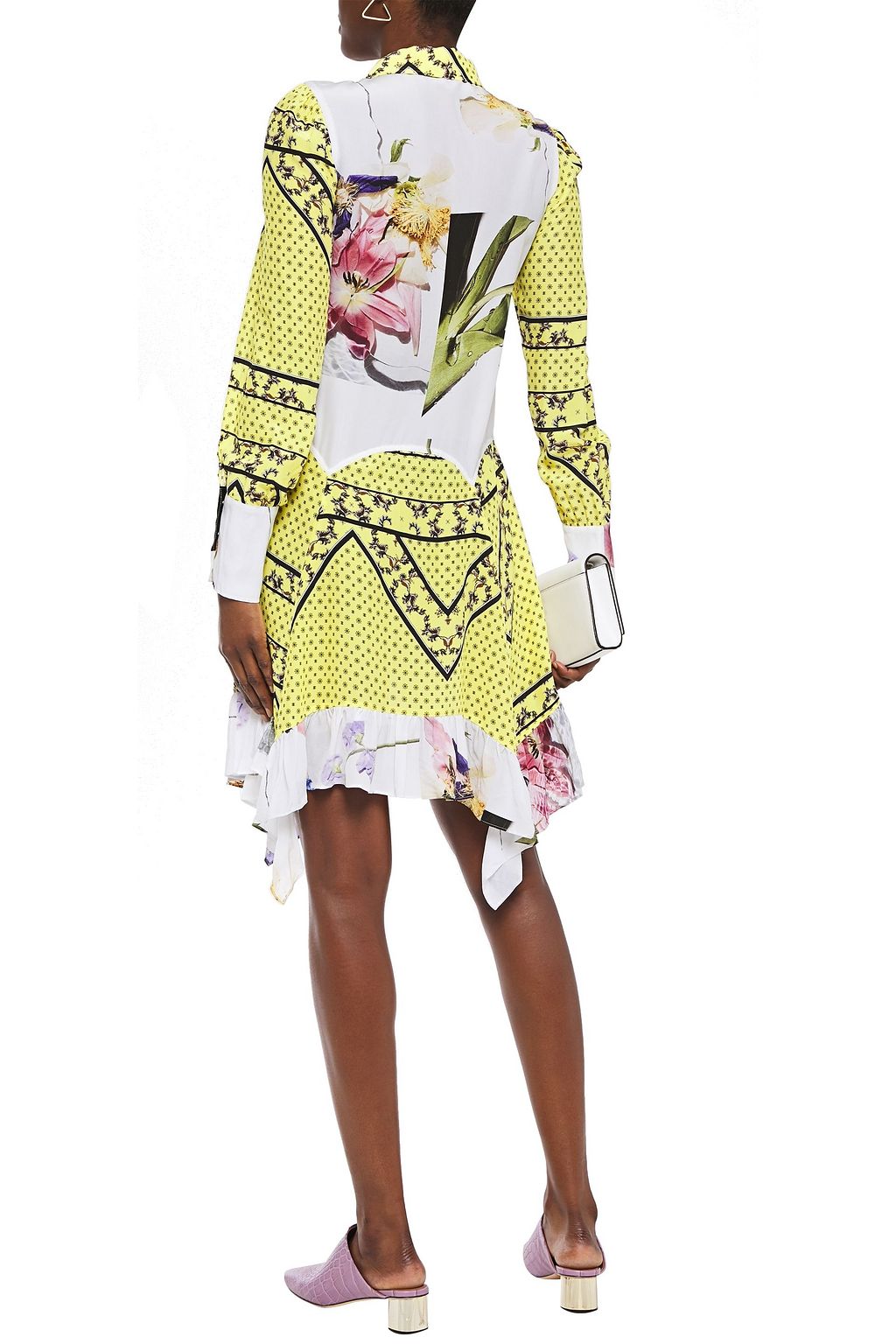 GANNI Paneled printed crepe de chine mini dress