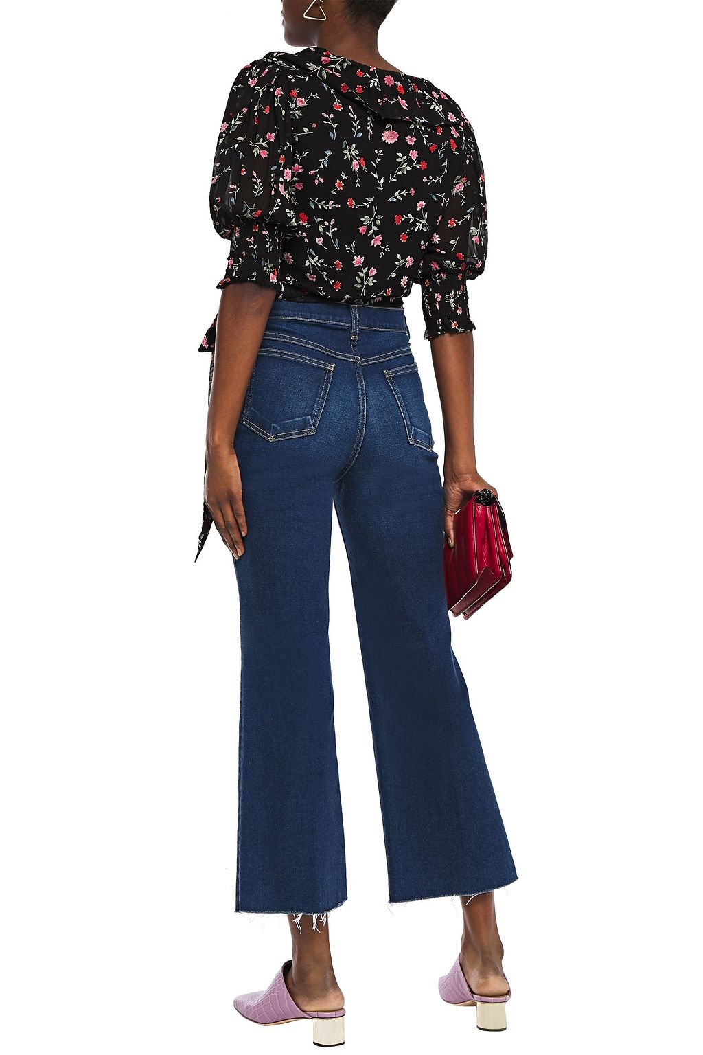 GANNI Ruffle-trimmed printed georgette wrap top