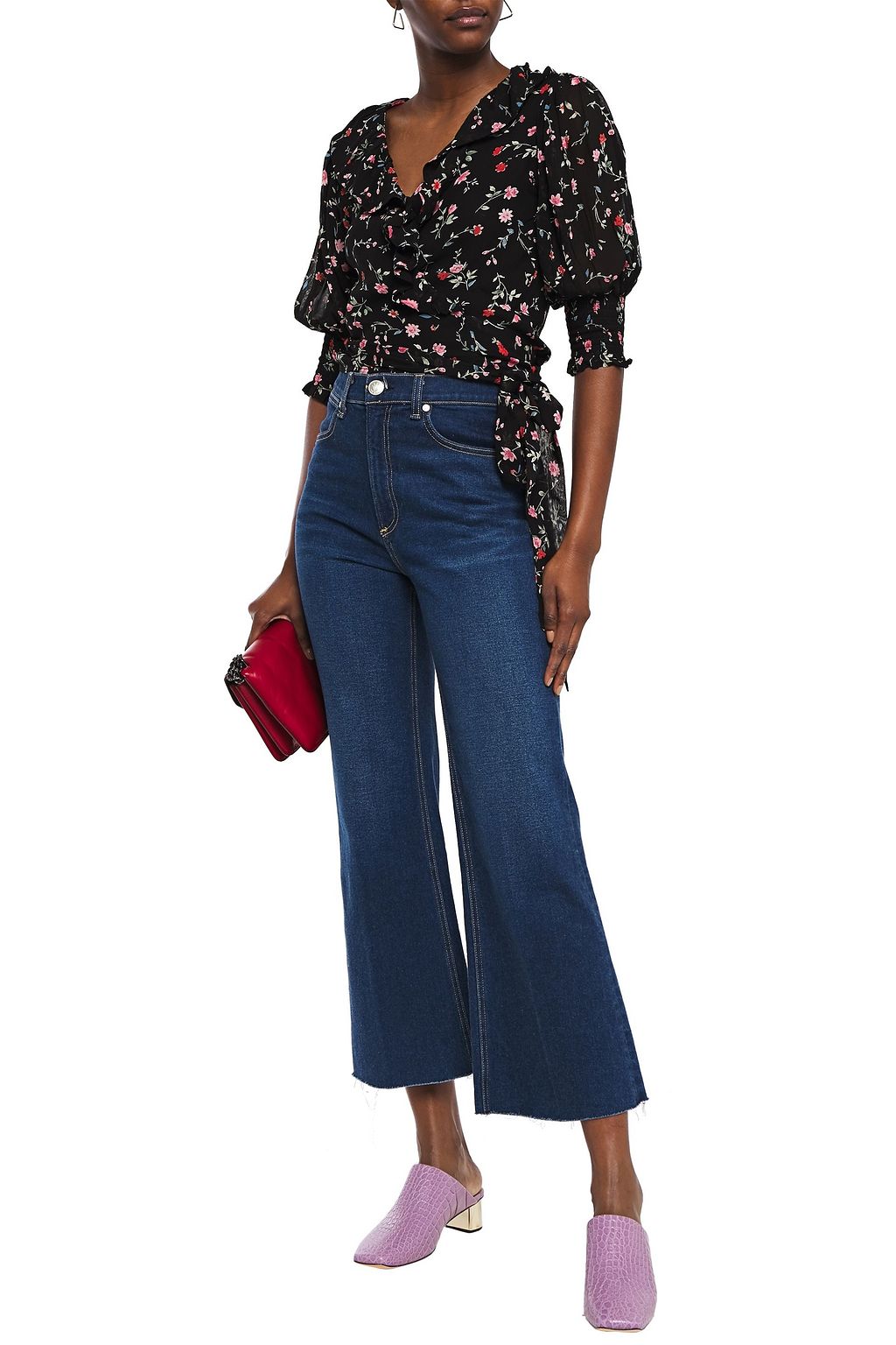 GANNI Ruffle-trimmed printed georgette wrap top