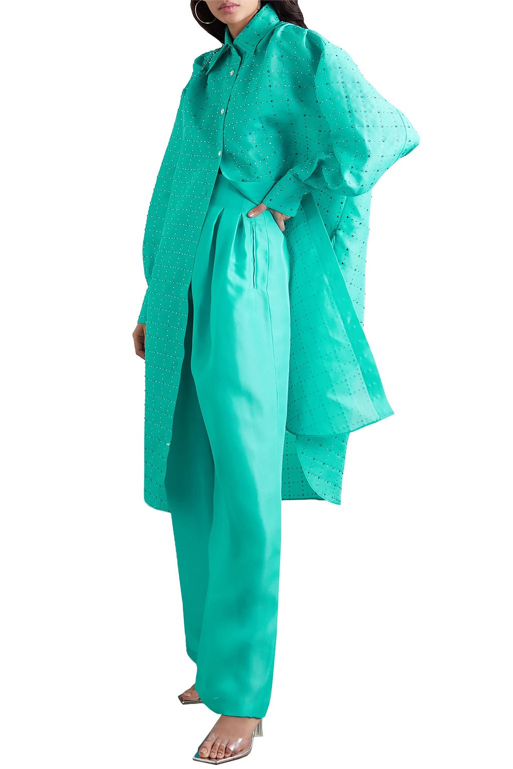 CHRISTOPHER JOHN ROGERS Oversized crystal-embellished silk-charmeuse shirt dress