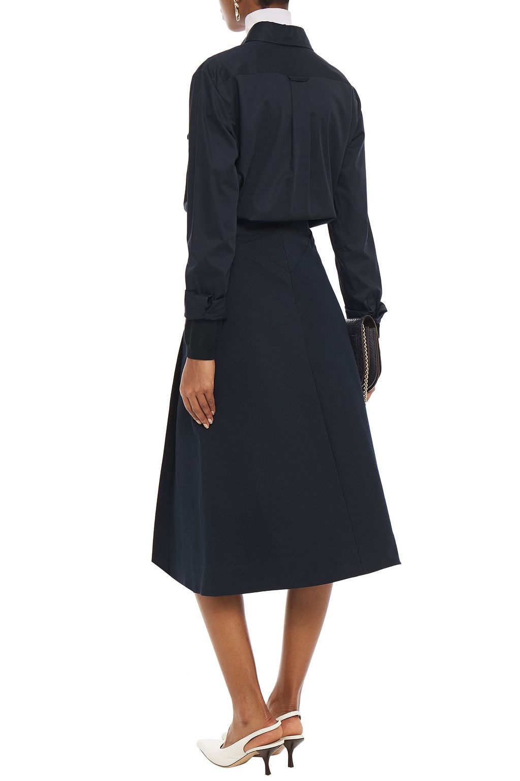 VICTORIA BECKHAM Leather and chain-trimmed linen and cotton-blend midi skirt