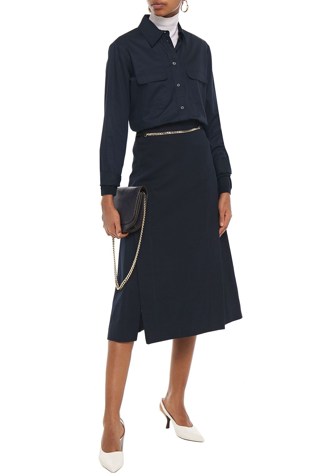 VICTORIA BECKHAM Leather and chain-trimmed linen and cotton-blend midi skirt