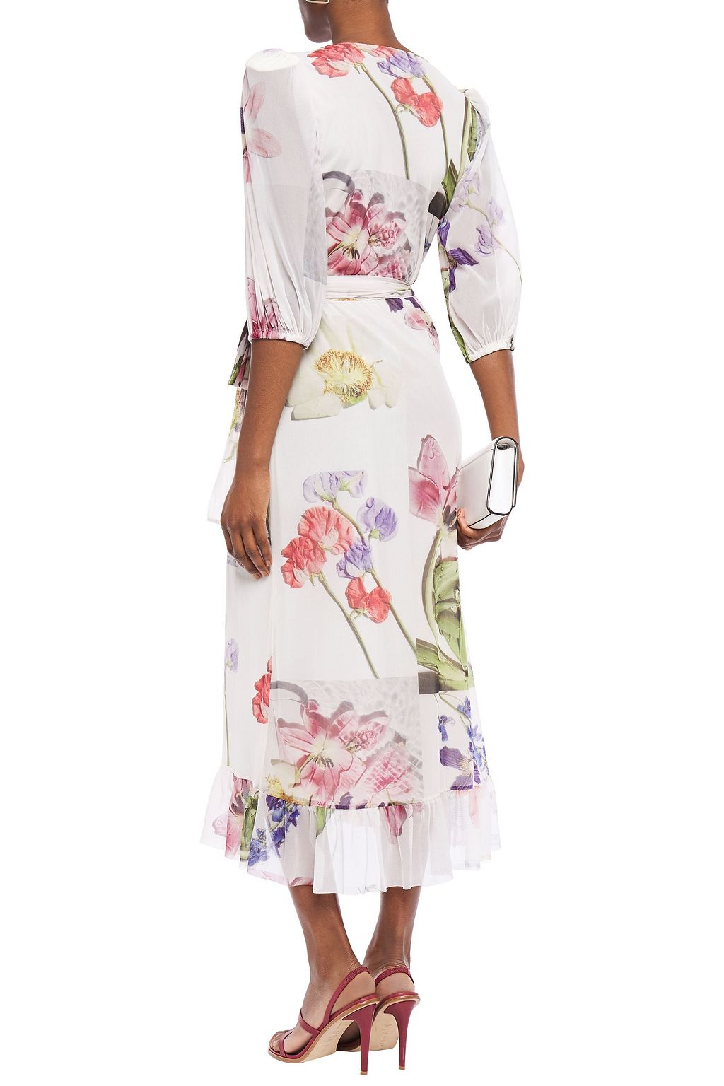GANNI Ruffled floral-print stretch-mesh midi wrap dress