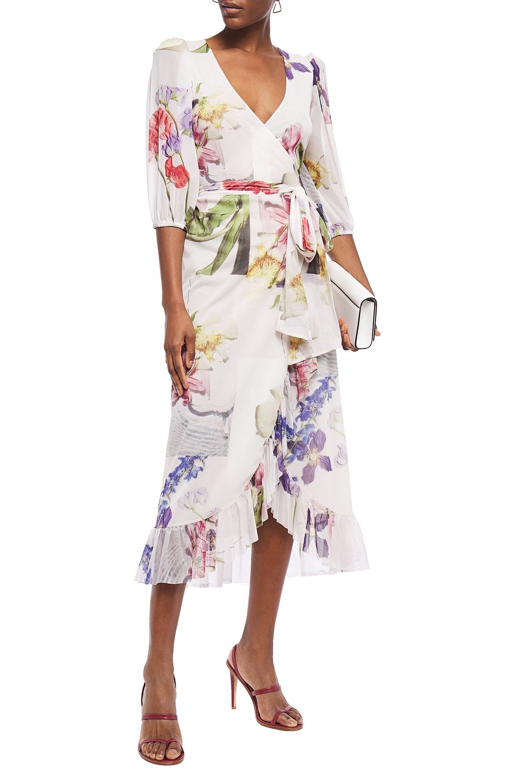 GANNI Ruffled floral-print stretch-mesh midi wrap dress