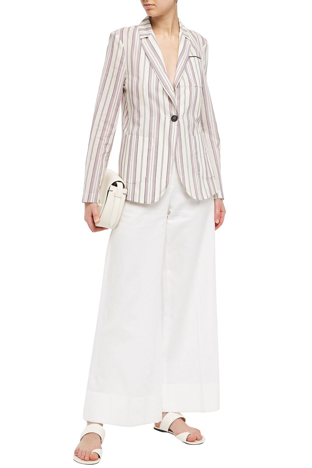 BRUNELLO CUCINELLI Bead-embellished striped cotton and silk-blend blazer