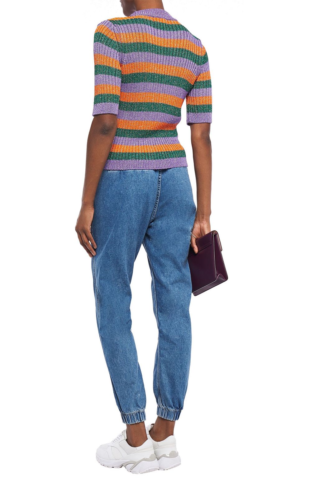 GANNI Metallic striped ribbed-knit top