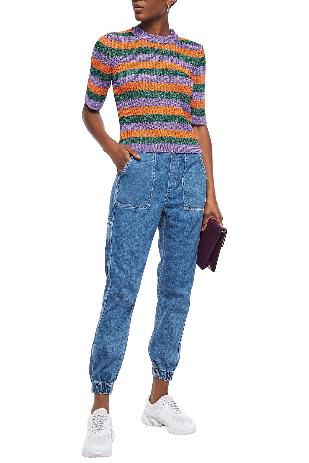 GANNI Metallic striped ribbed-knit top