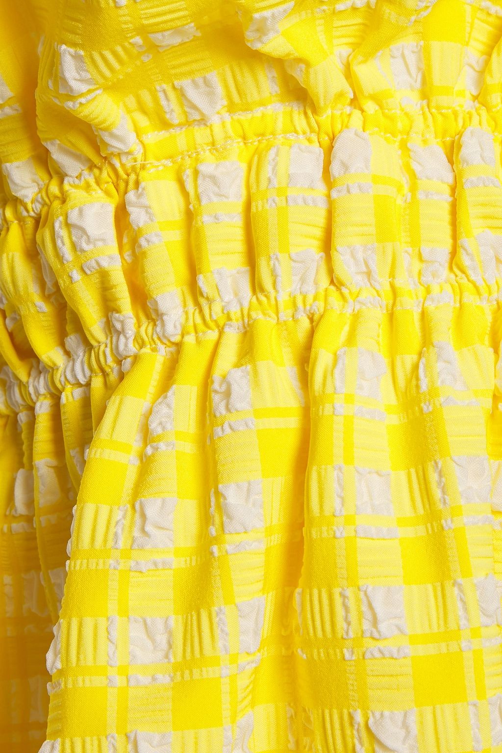 GANNI Bow-detailed ruffle-trimmed checked seersucker top