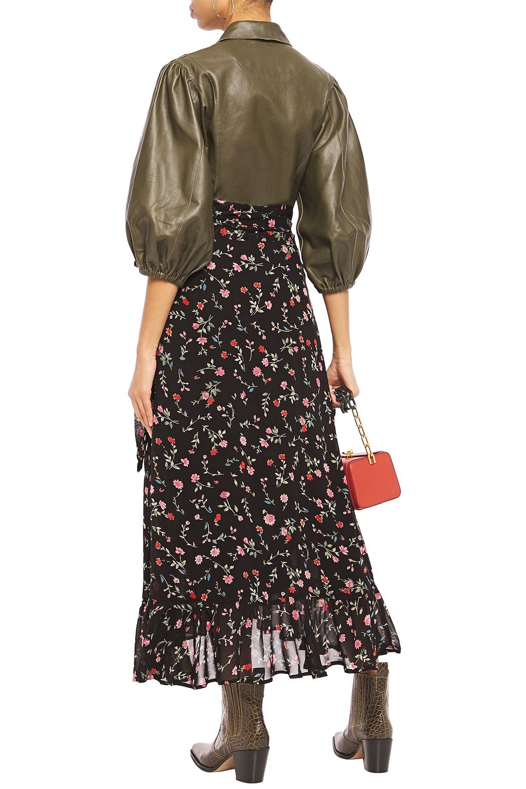 GANNI Ruffled printed georgette midi wrap skirt