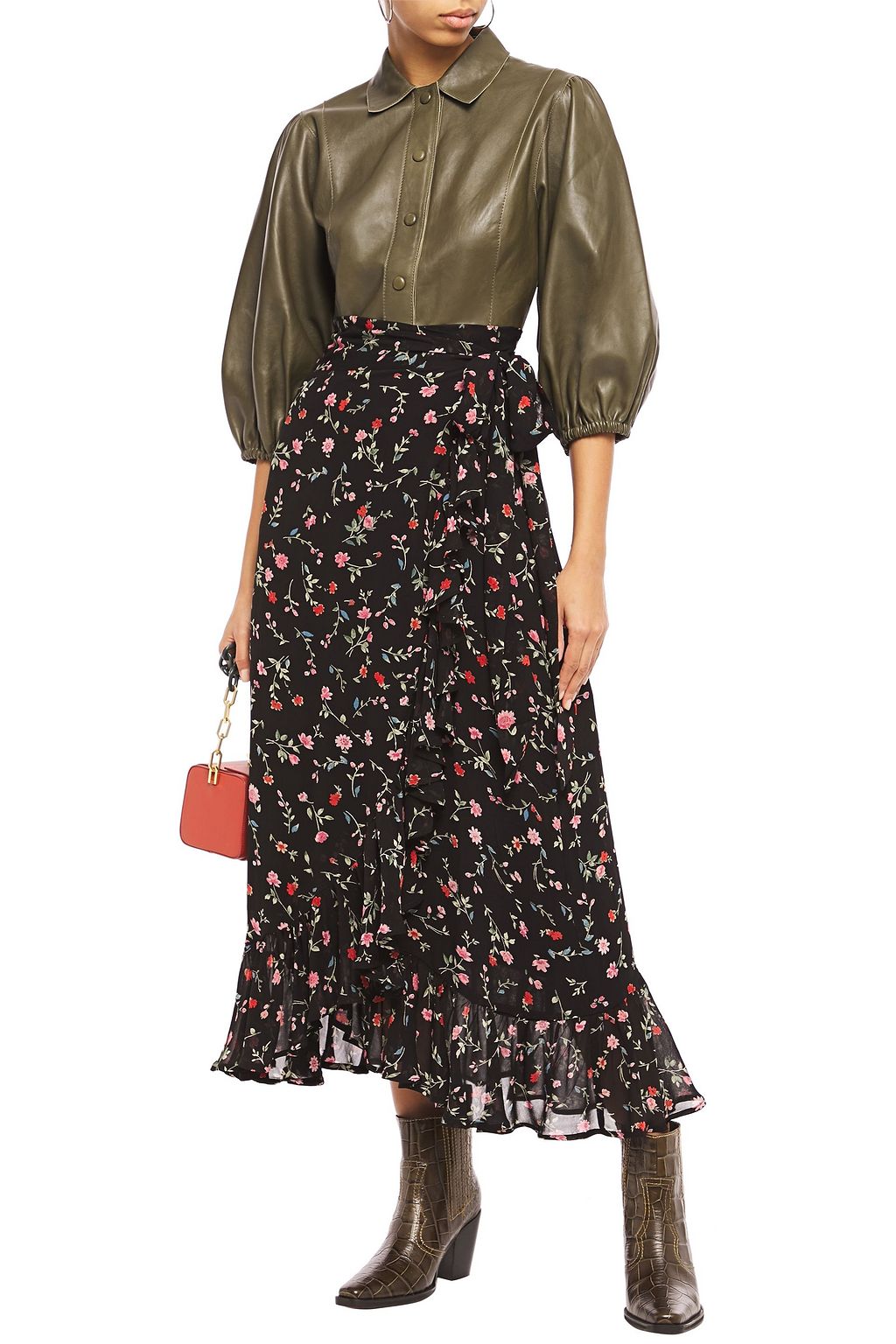 GANNI Ruffled printed georgette midi wrap skirt