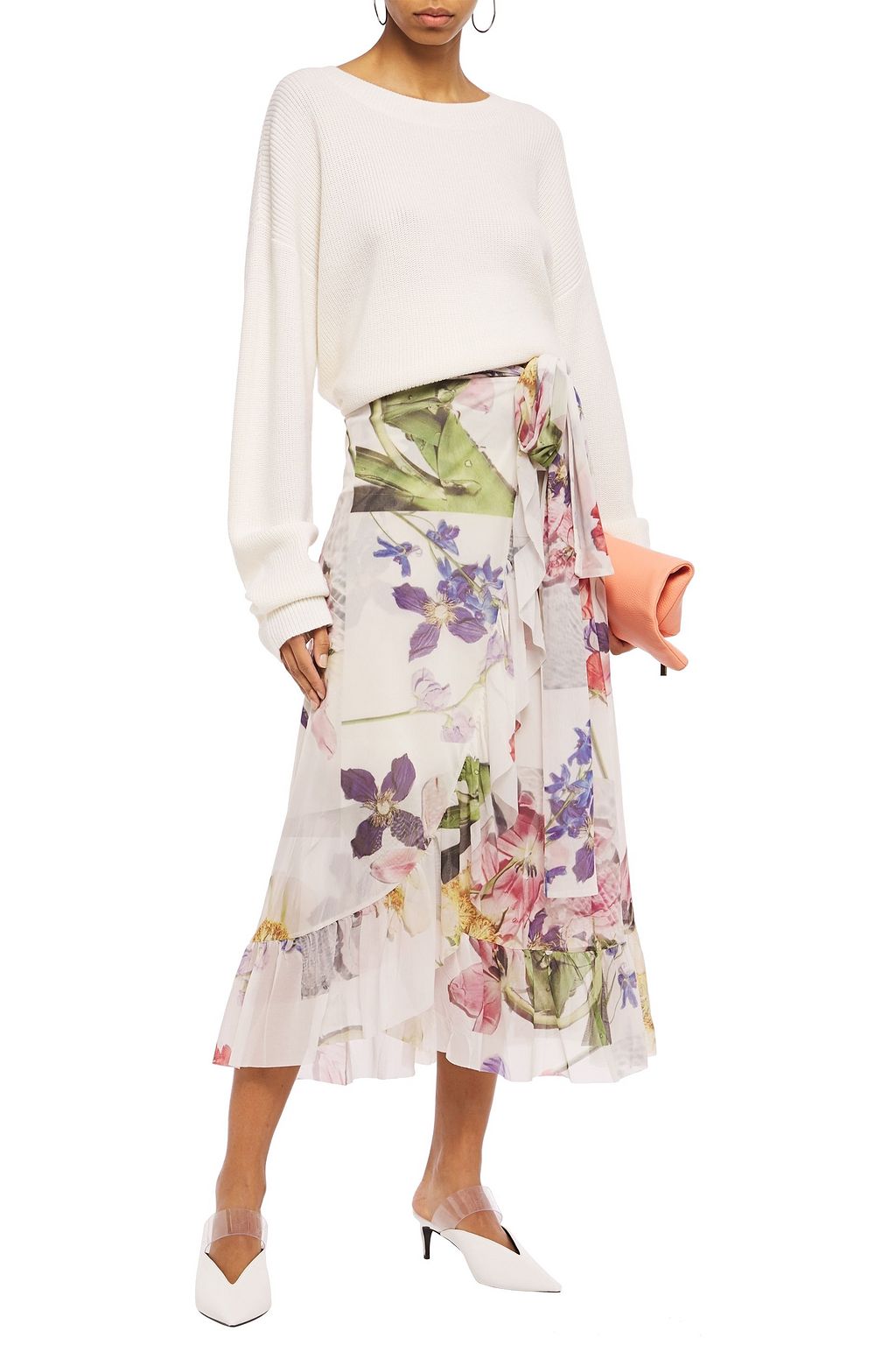 GANNI Floral-print stretch-tulle midi wrap skirt