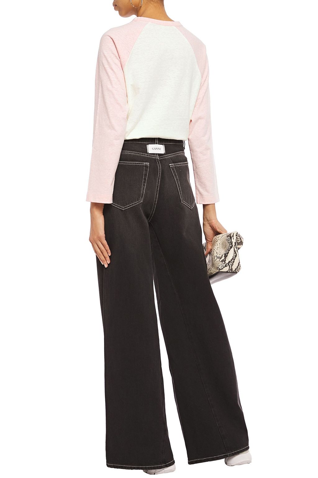 GANNI Crystal-embellished two-tone slub jersey top