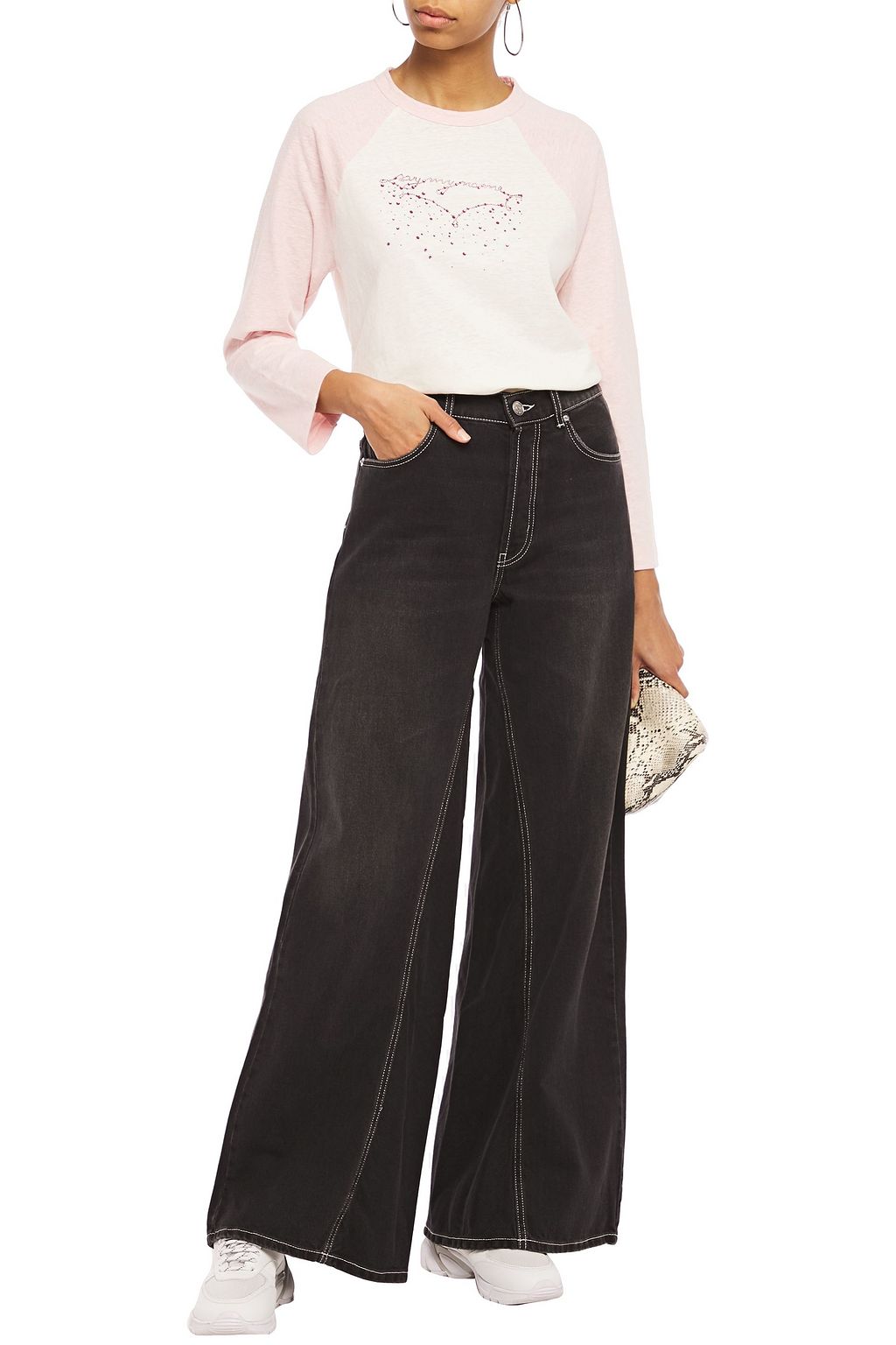 GANNI Crystal-embellished two-tone slub jersey top
